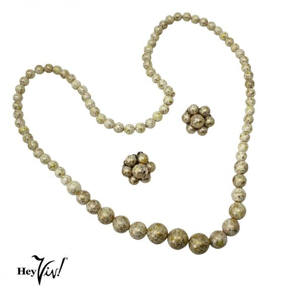 Vintage Necklace Clip On Earring Set Japan White Gold Flecked Beads 26" -Hey Viv - Picture 1 of 7